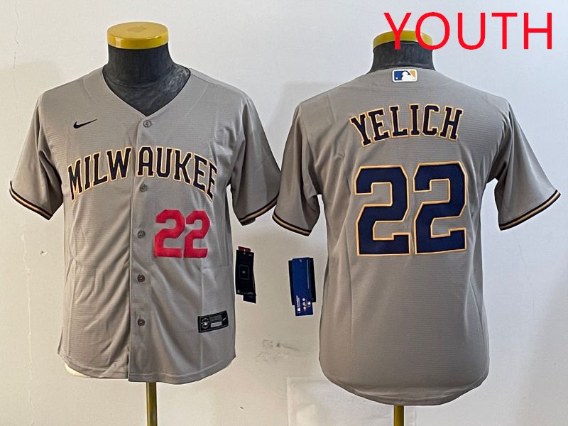 Youth Milwaukee Brewers #22 Yelich Grey Game 2025 Nike MLB Jersey style 3